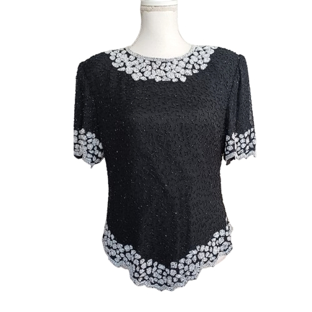 VINTAGE Laurence Kazar Beaded Silk Blouse Scalloped Sequin Evening Top
